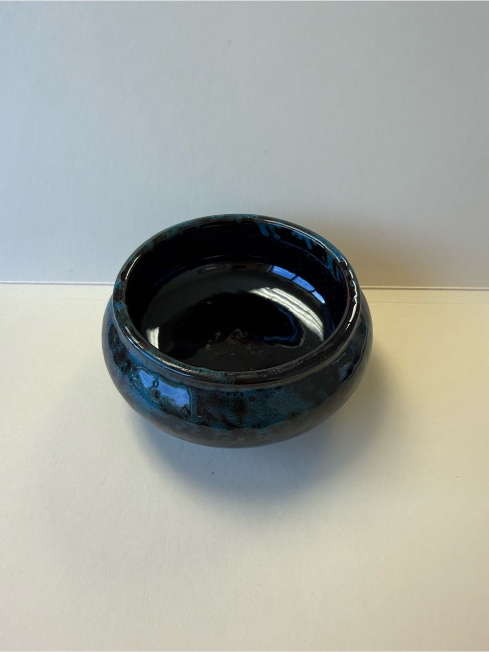 Handcrafted Blue Drip Glaze Over Black Glaze Red Clay Ceramic Small Bowl.